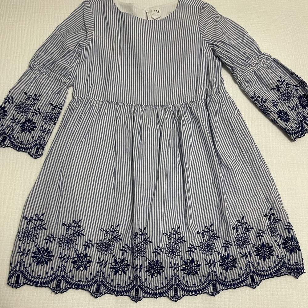 GAP Blue and White Striped Dress with Navy Embroidery